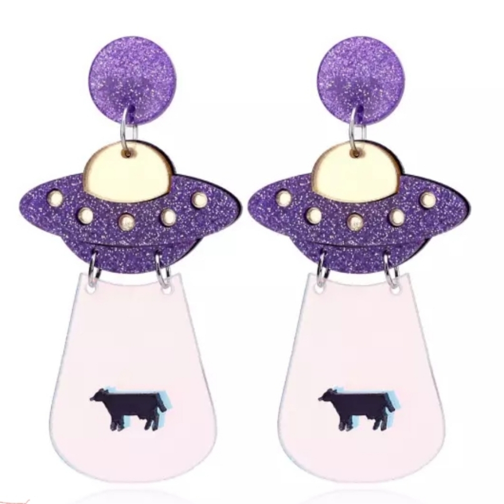 EARRINGS OVERSIZED ACRYLIC PURPLE ALIEN SPACESHIP..